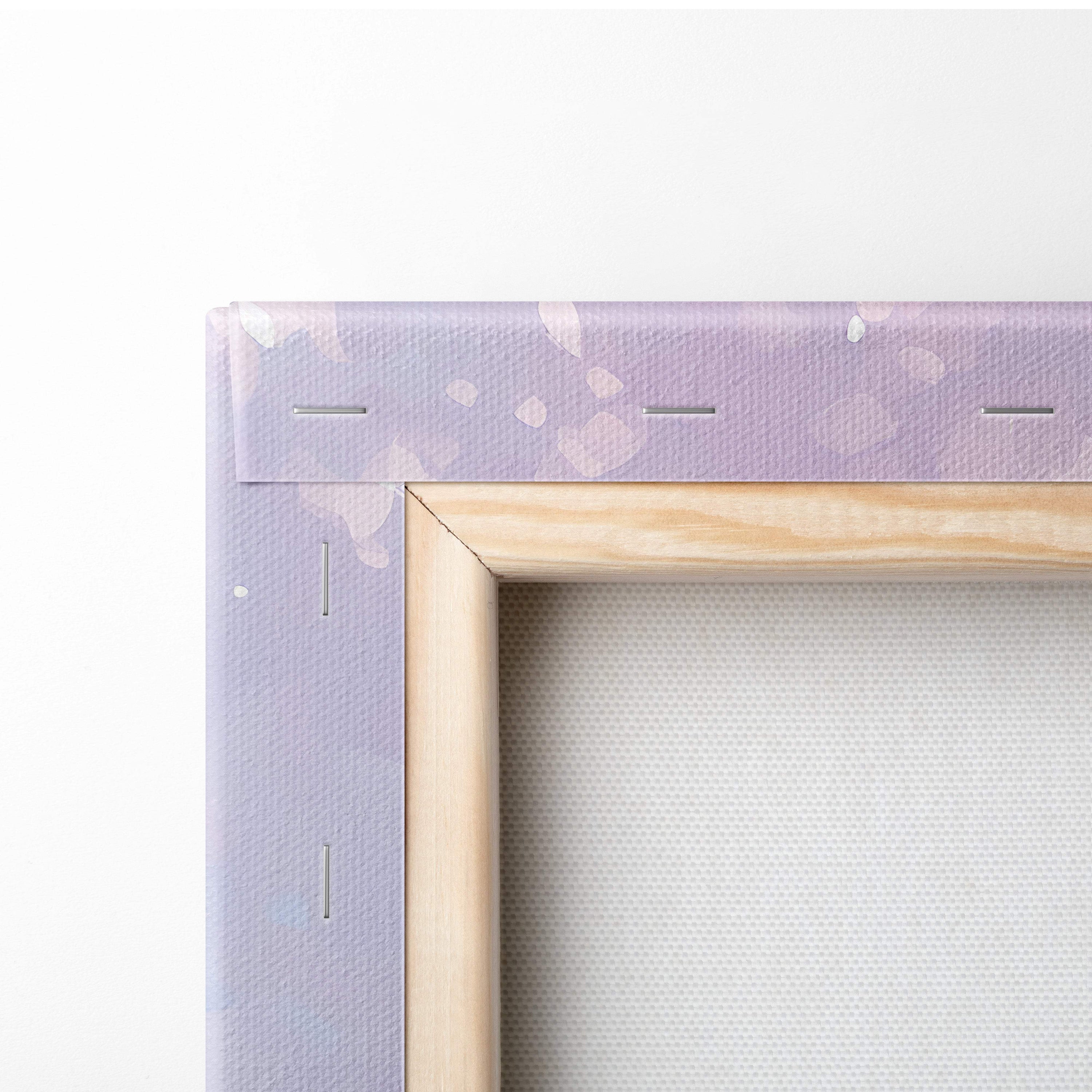 Pink cherry blossom path canvas wall art with light purple floral pattern and natural wood frame for spring decor