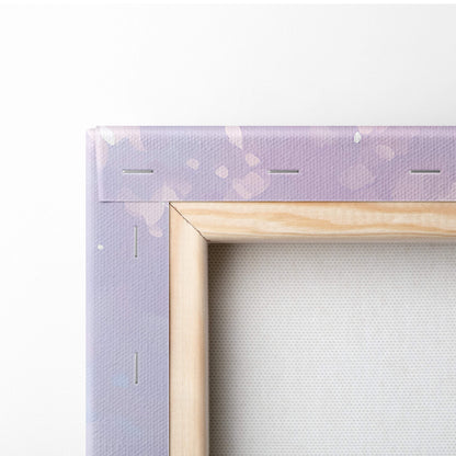 Pink cherry blossom path canvas wall art with light purple floral pattern and natural wood frame for spring decor