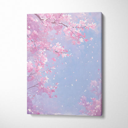Pink cherry blossom path canvas wall art with soft pastel pink and lavender branches against a light blue sky