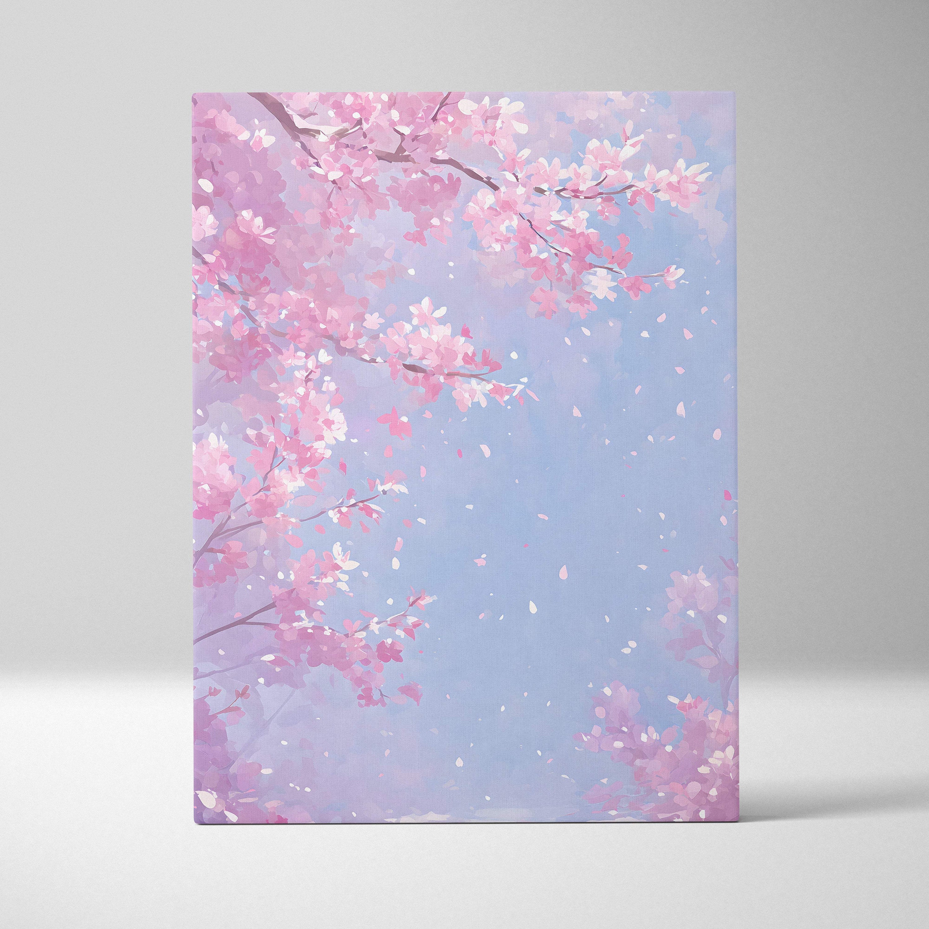 A rectangular canvas wall art featuring soft pastel pink and white cherry blossoms against a light blue sky