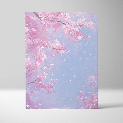 A rectangular canvas wall art featuring soft pastel pink and white cherry blossoms against a light blue sky