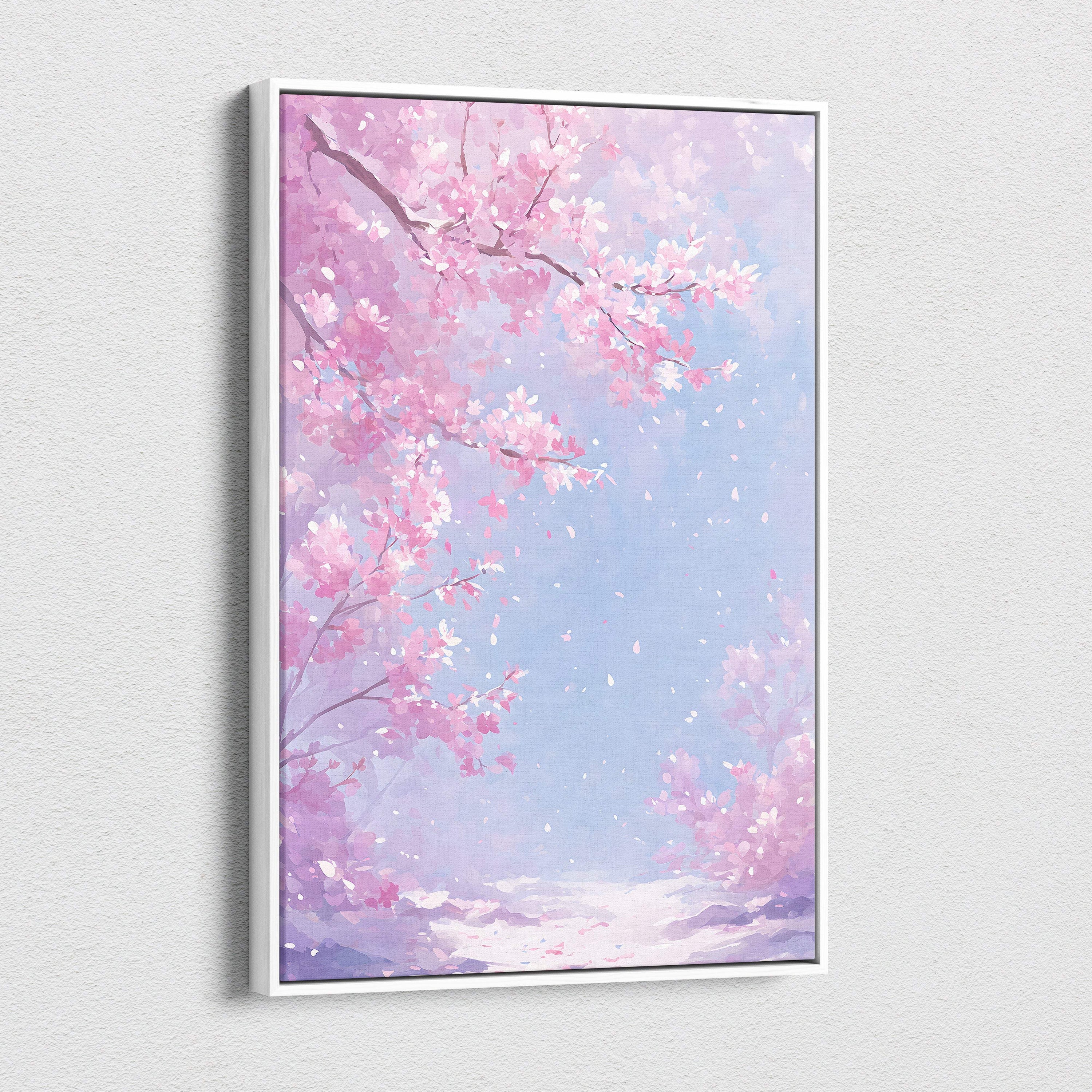 A framed pink cherry blossom canvas wall art with lavender mist sky in soft pastel anime style for spring decor