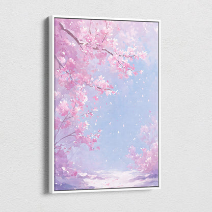 A framed pink cherry blossom canvas wall art with lavender mist sky in soft pastel anime style for spring decor