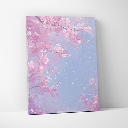 Pink cherry blossom path canvas wall art with soft pink and lavender branches against a gentle blue sky