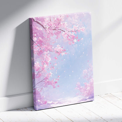 Pink cherry blossom path canvas wall art featuring soft pink and lavender branches against a light blue sky background