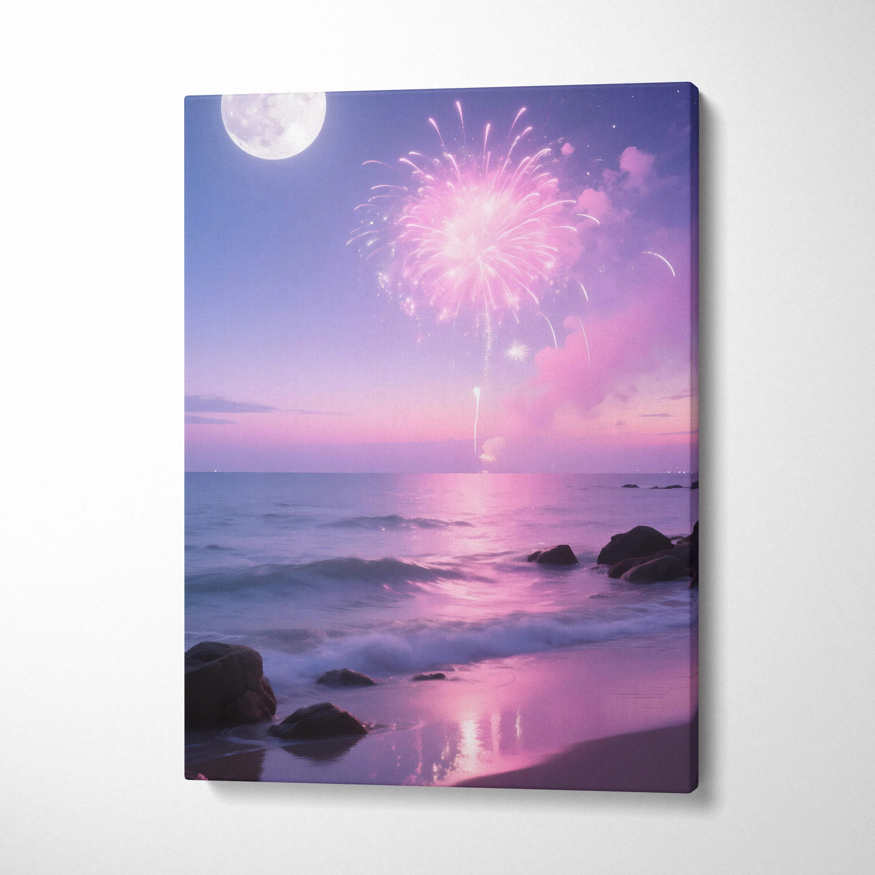 Vibrant pink purple fireworks over moonlit ocean on canvas wall art