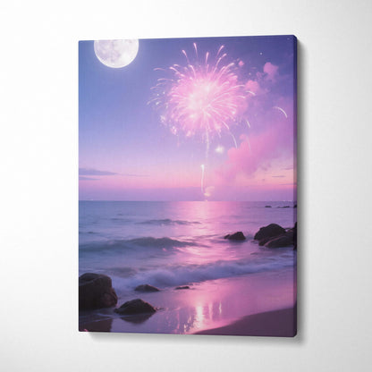 Vibrant pink purple fireworks over moonlit ocean on canvas wall art