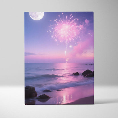 Vibrant pink fireworks over moonlit beach at twilight canvas wall art