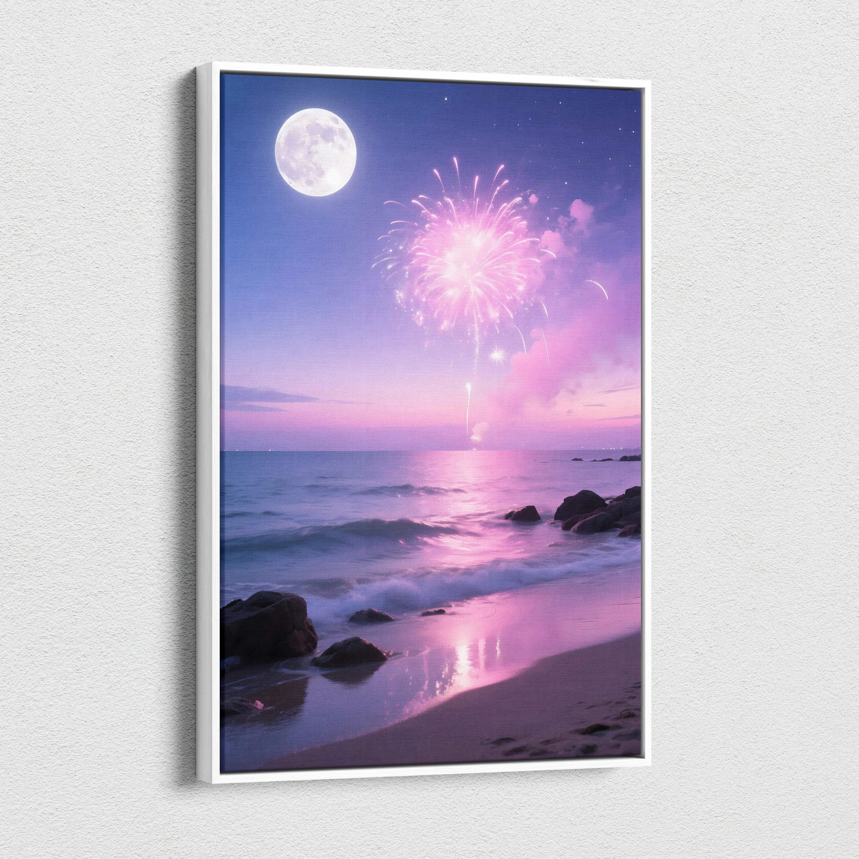 Canvas wall art of dreamlike coastal night with pink fireworks over moonlit sea