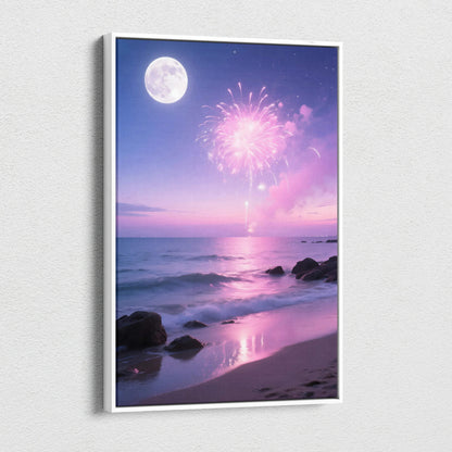 Canvas wall art of dreamlike coastal night with pink fireworks over moonlit sea