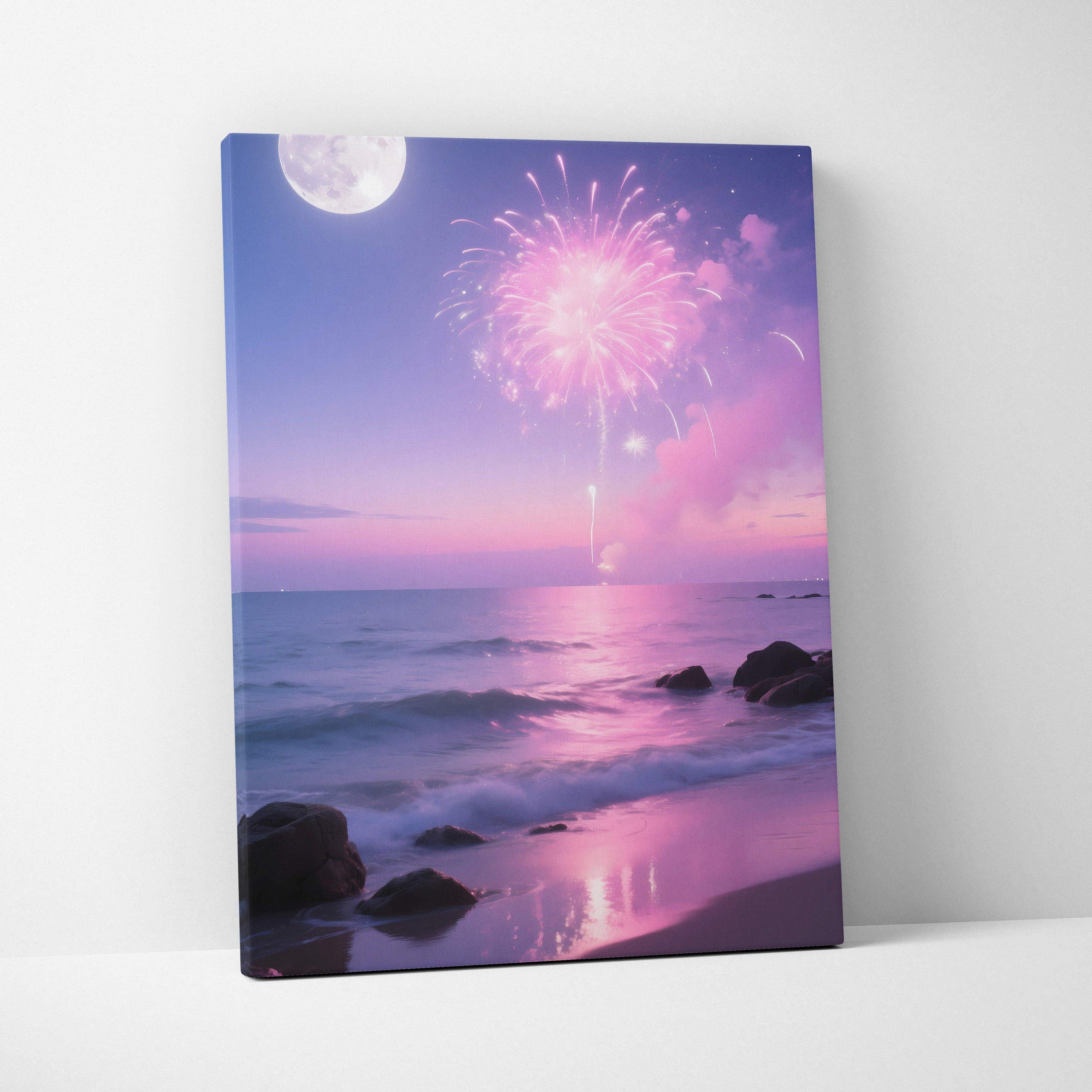 Canvas print of pink fireworks over moonlit ocean at dusk, Dreamlike Coastal Night