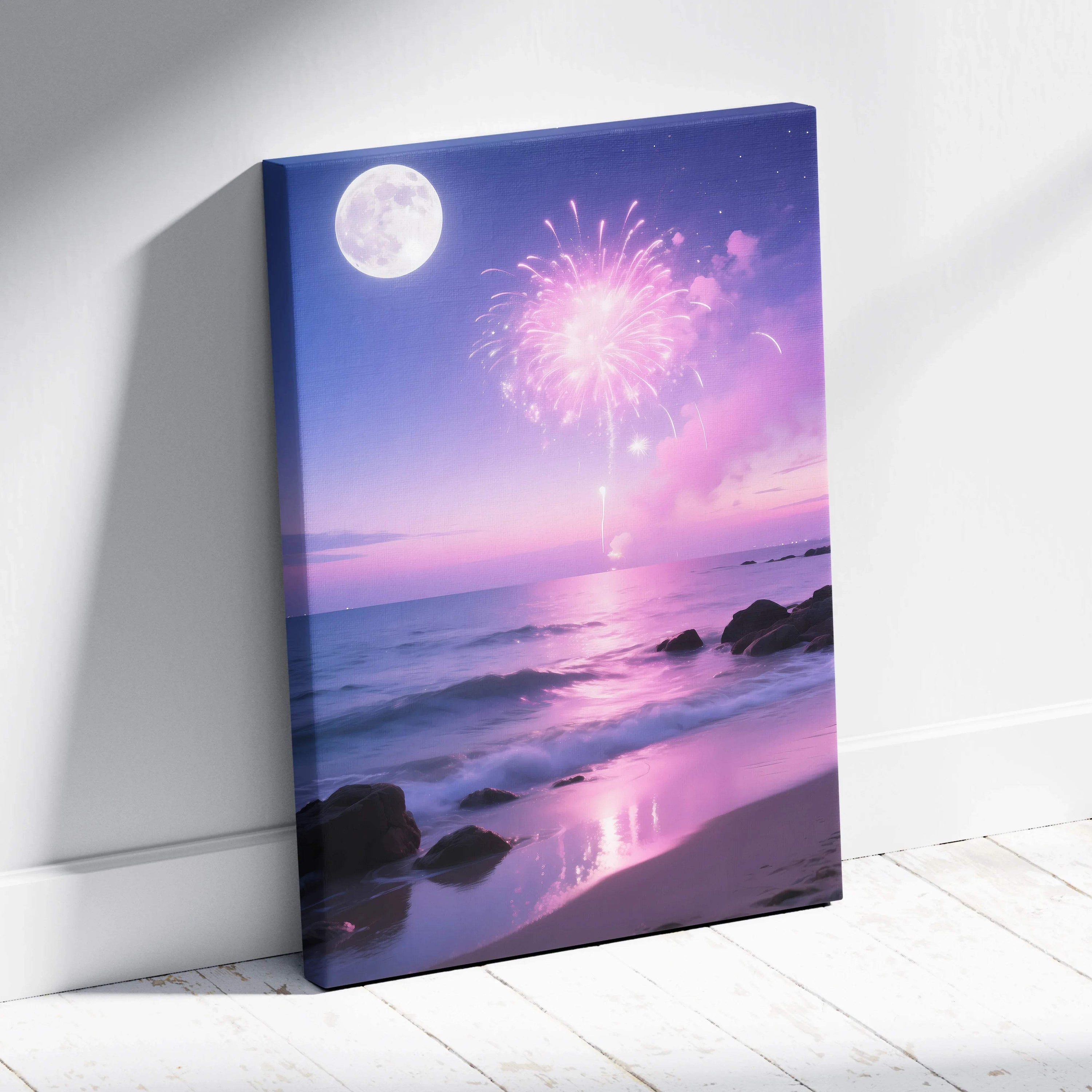 Dreamlike coastal night canvas art with pink fireworks over moonlit sea
