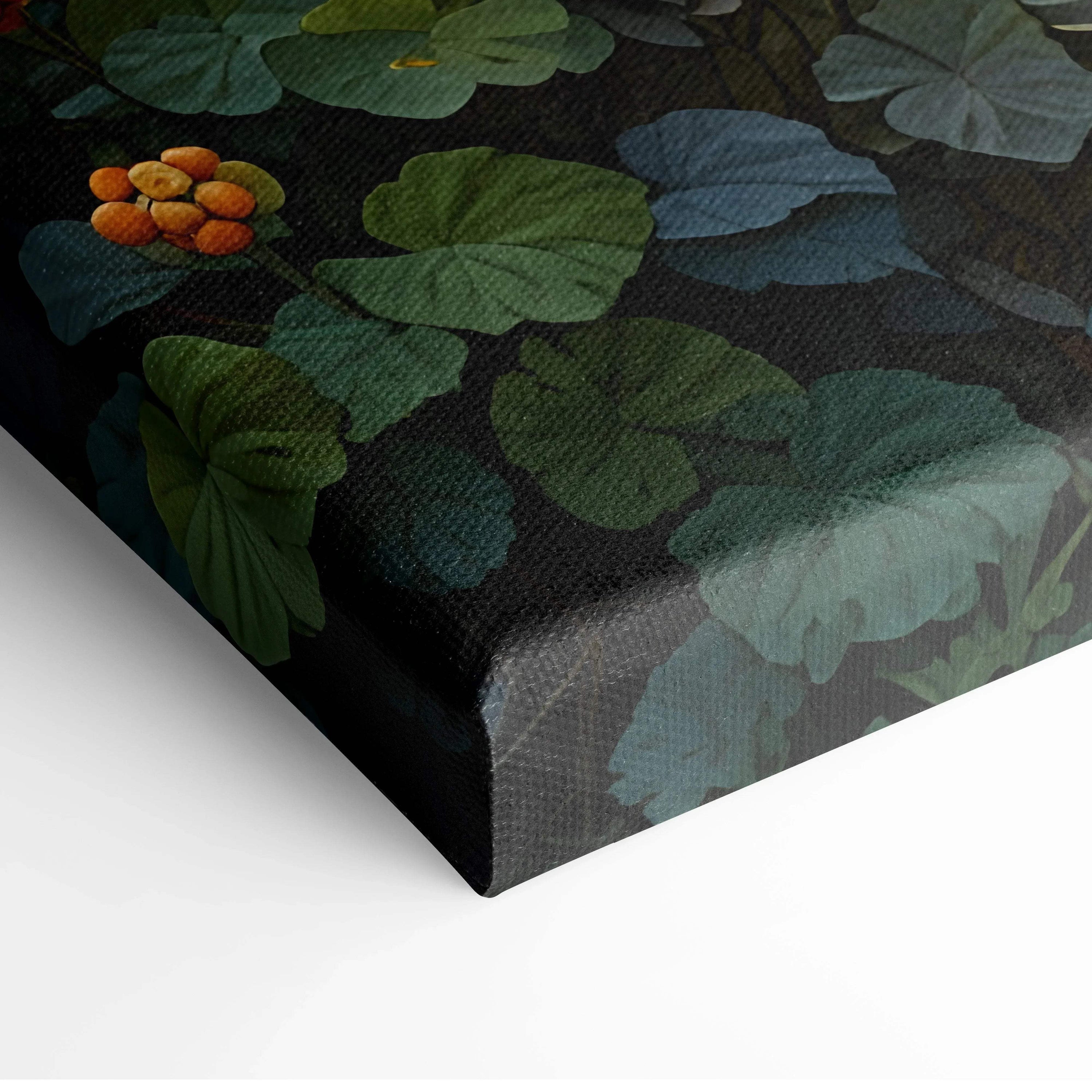 Canvas wall art featuring detailed green lily pads and bright orange flowers against a dark background.