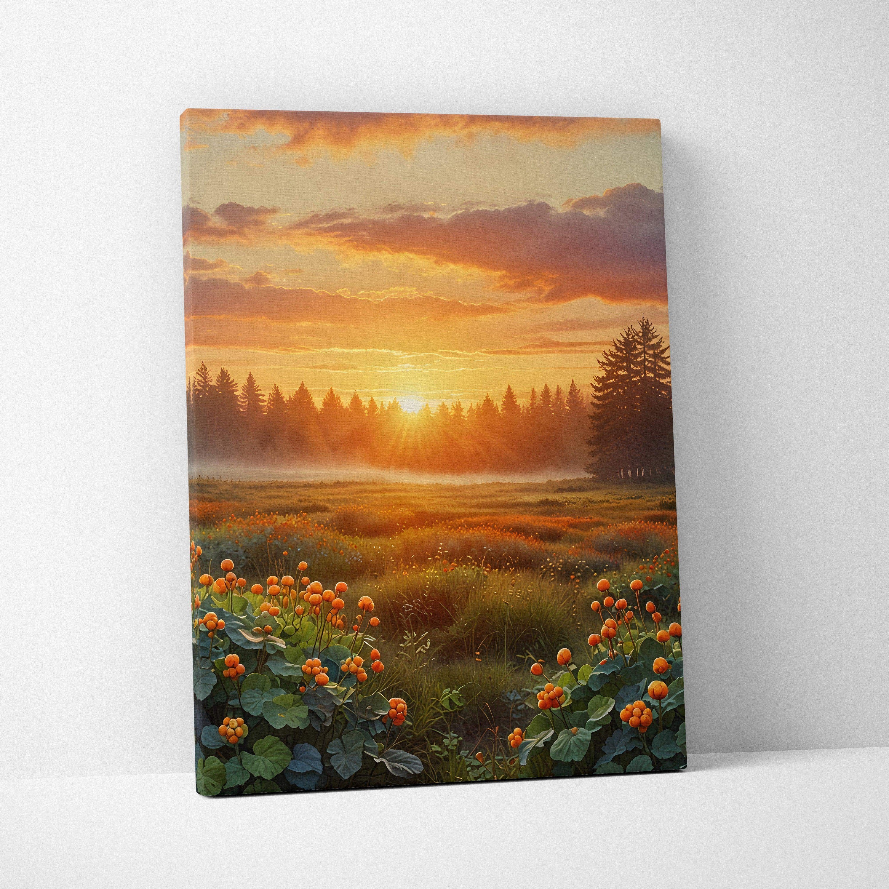 Golden sunset landscape canvas wall art with vibrant flowers and misty forest scenery.