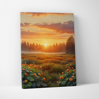 Golden sunset landscape canvas wall art with vibrant flowers and misty forest scenery.