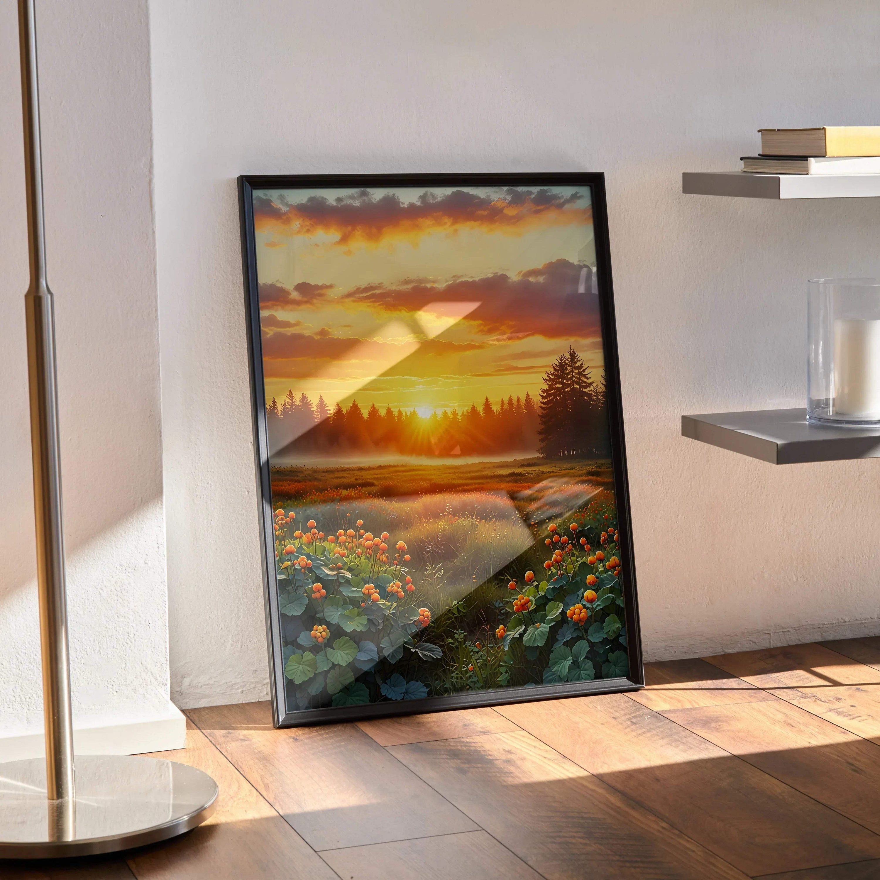 Vertical nature sunset digital art poster with vibrant orange sky and wildflowers, framed wall art.