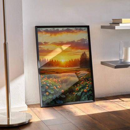 Vertical nature sunset digital art poster with vibrant orange sky and wildflowers, framed wall art.