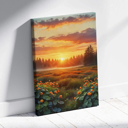 Golden sunset landscape canvas wall art with vibrant flowers and pine trees silhouette.