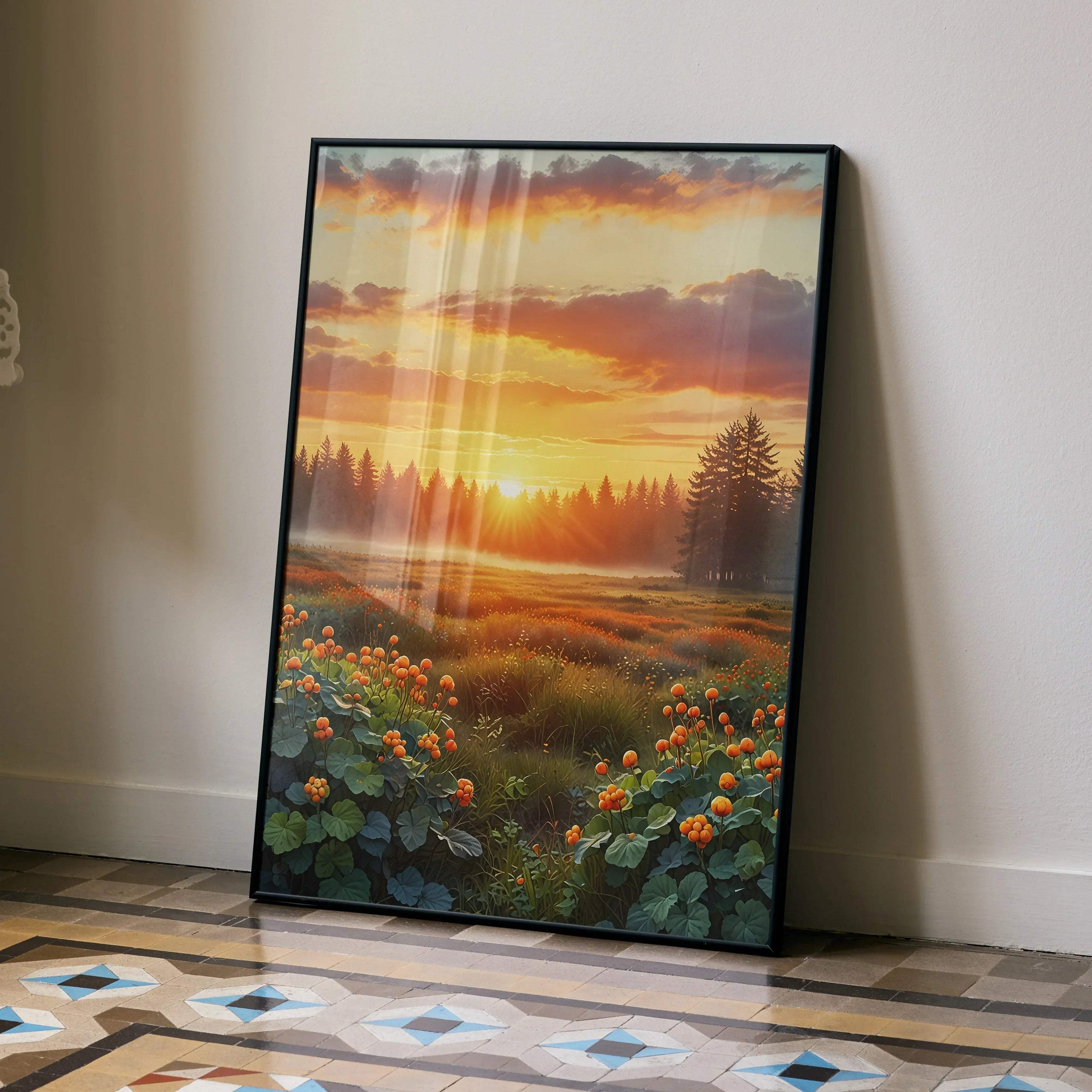 Nature sunset digital art poster with vibrant orange flowers and forest silhouette wall art.