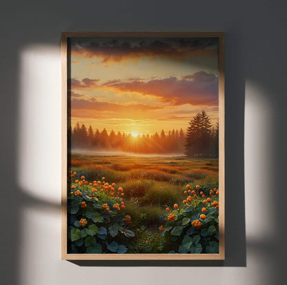 Vertical wall art poster featuring a vibrant nature sunset with glowing sky and wildflowers.