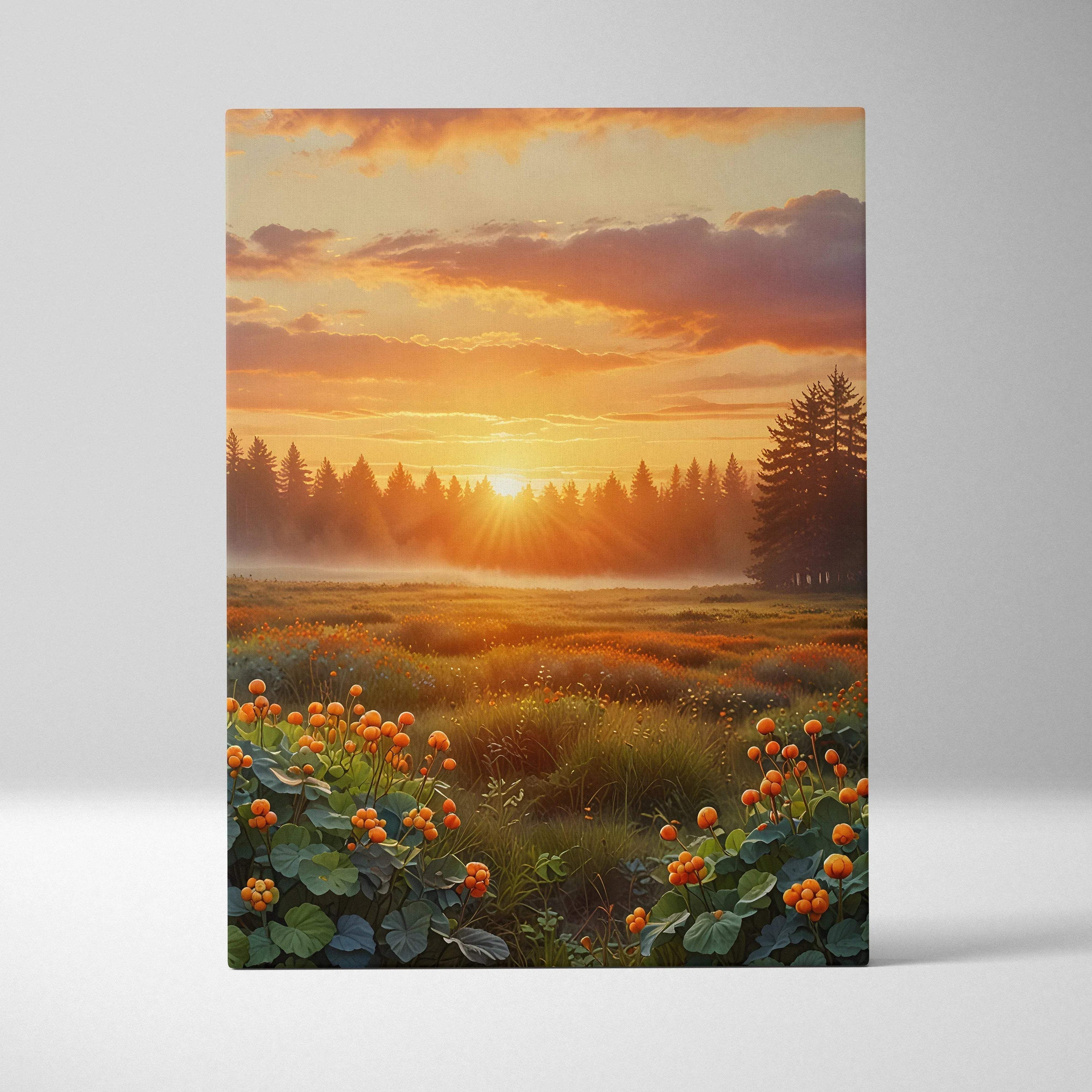 Golden sunset landscape canvas wall art featuring glowing sky and wildflower meadow.