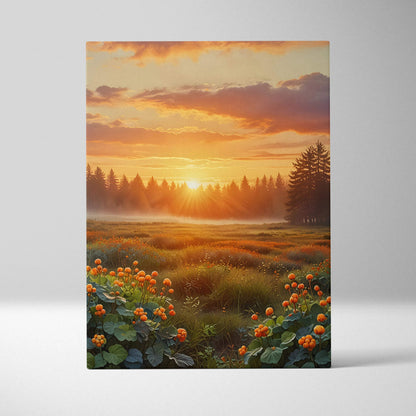 Golden sunset landscape canvas wall art featuring glowing sky and wildflower meadow.