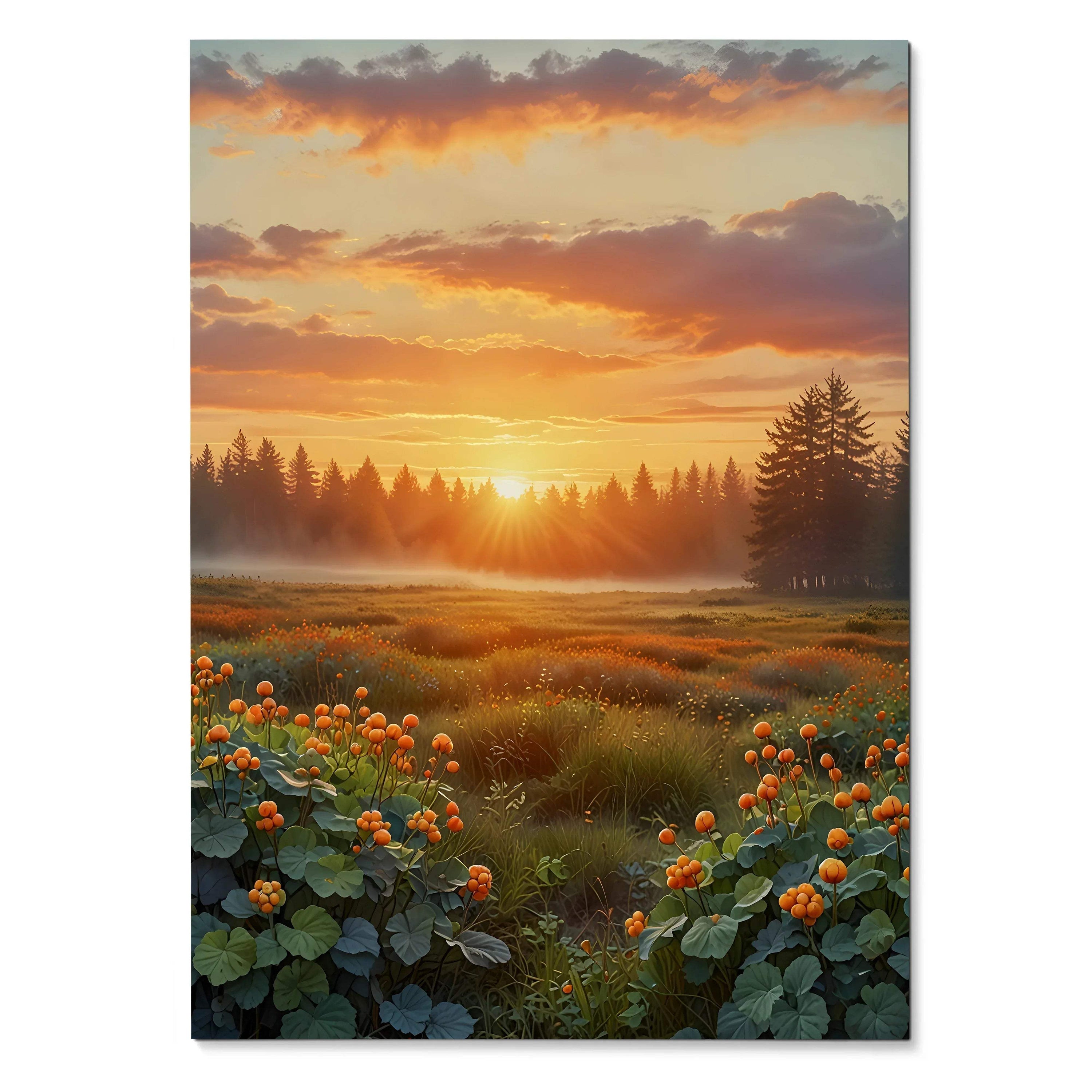 Vertical nature sunset digital art poster with vibrant orange flowers and glowing sky wall art.
