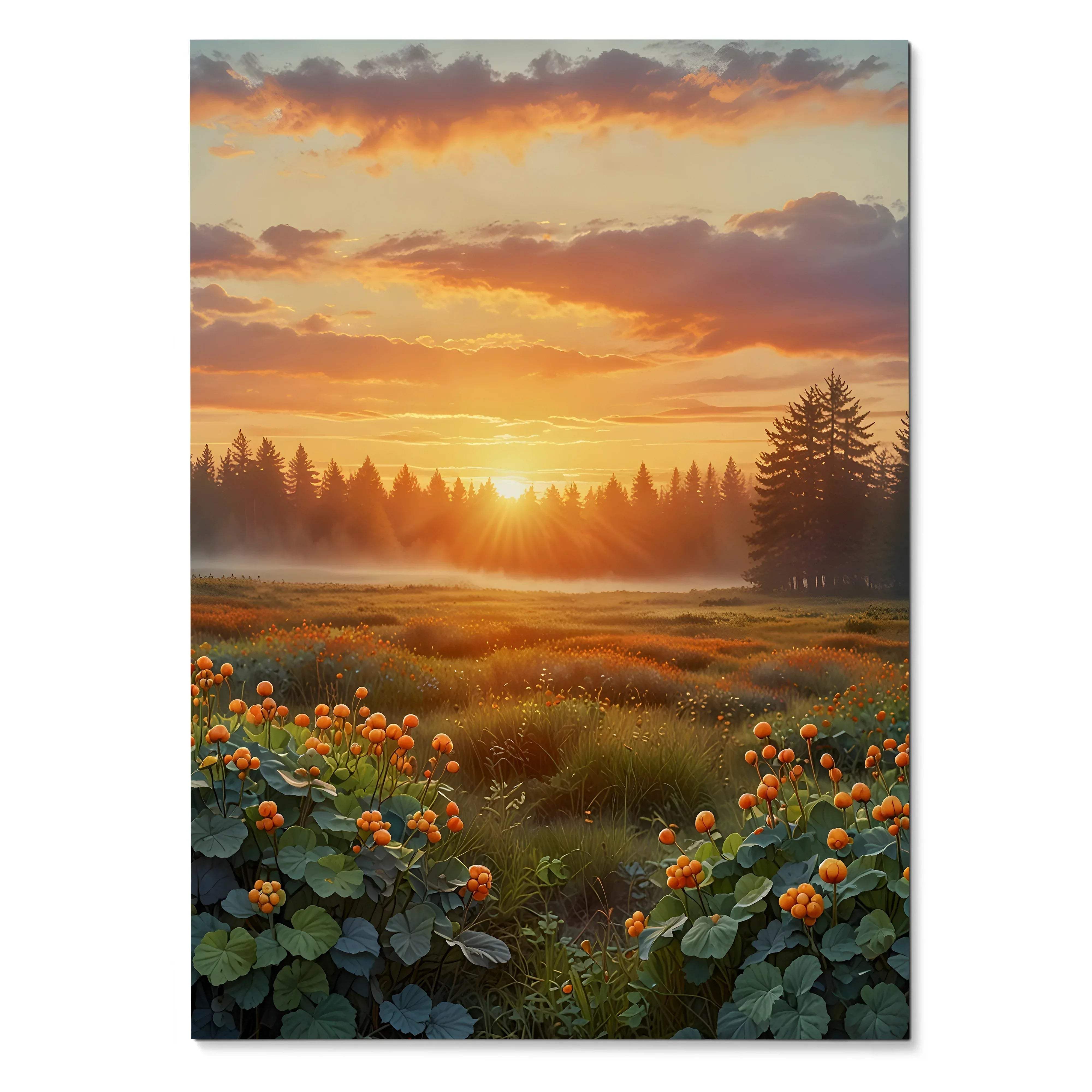 Vertical nature sunset digital art poster with vibrant orange flowers and glowing sky wall art.