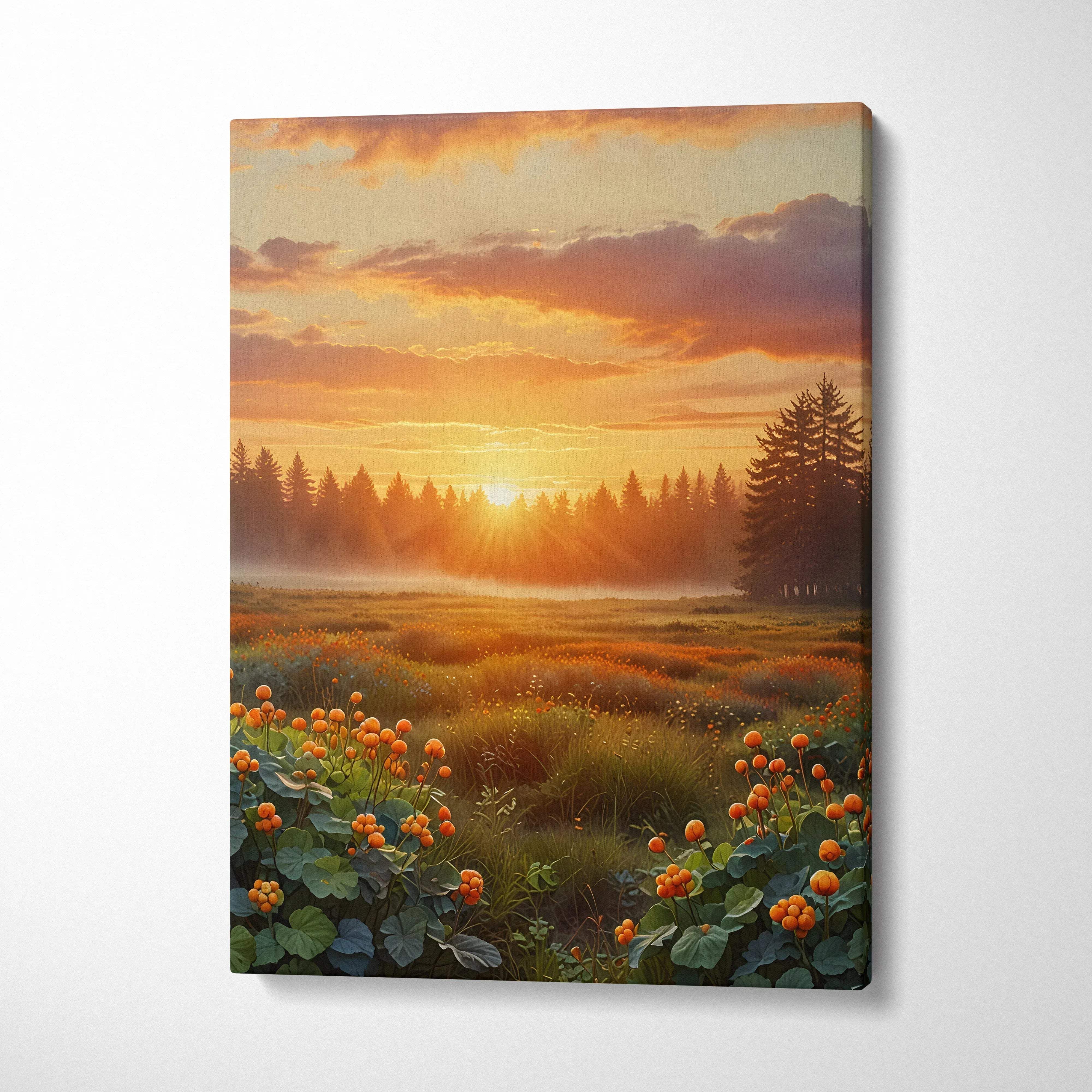Canvas wall art of a golden sunset over misty fields with wildflowers and pine trees.
