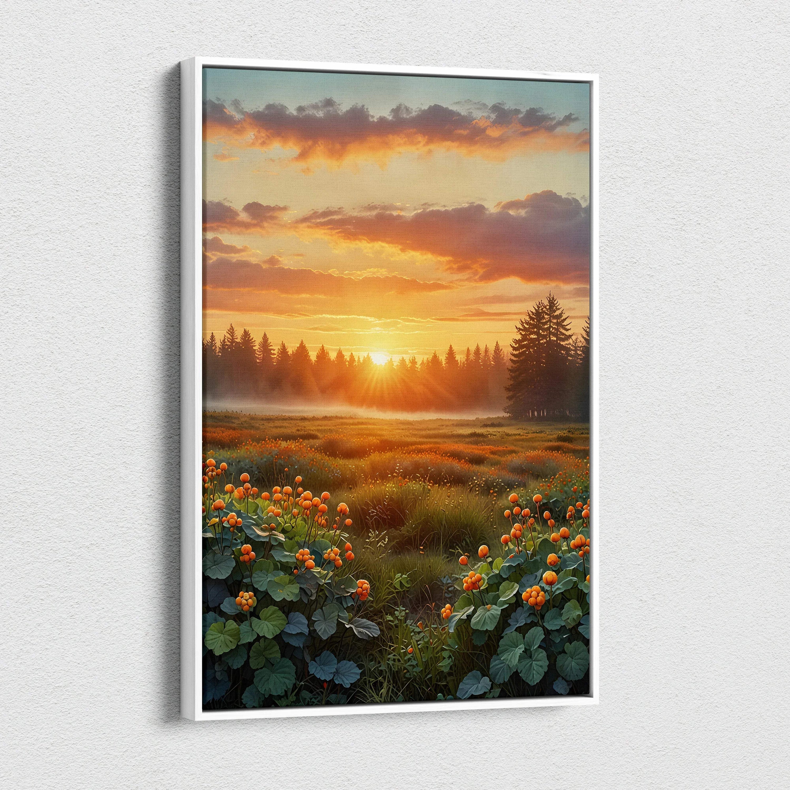 Golden sunset landscape canvas wall art with vibrant flowers and silhouetted trees.