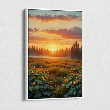 Golden sunset landscape canvas wall art with vibrant flowers and silhouetted trees.