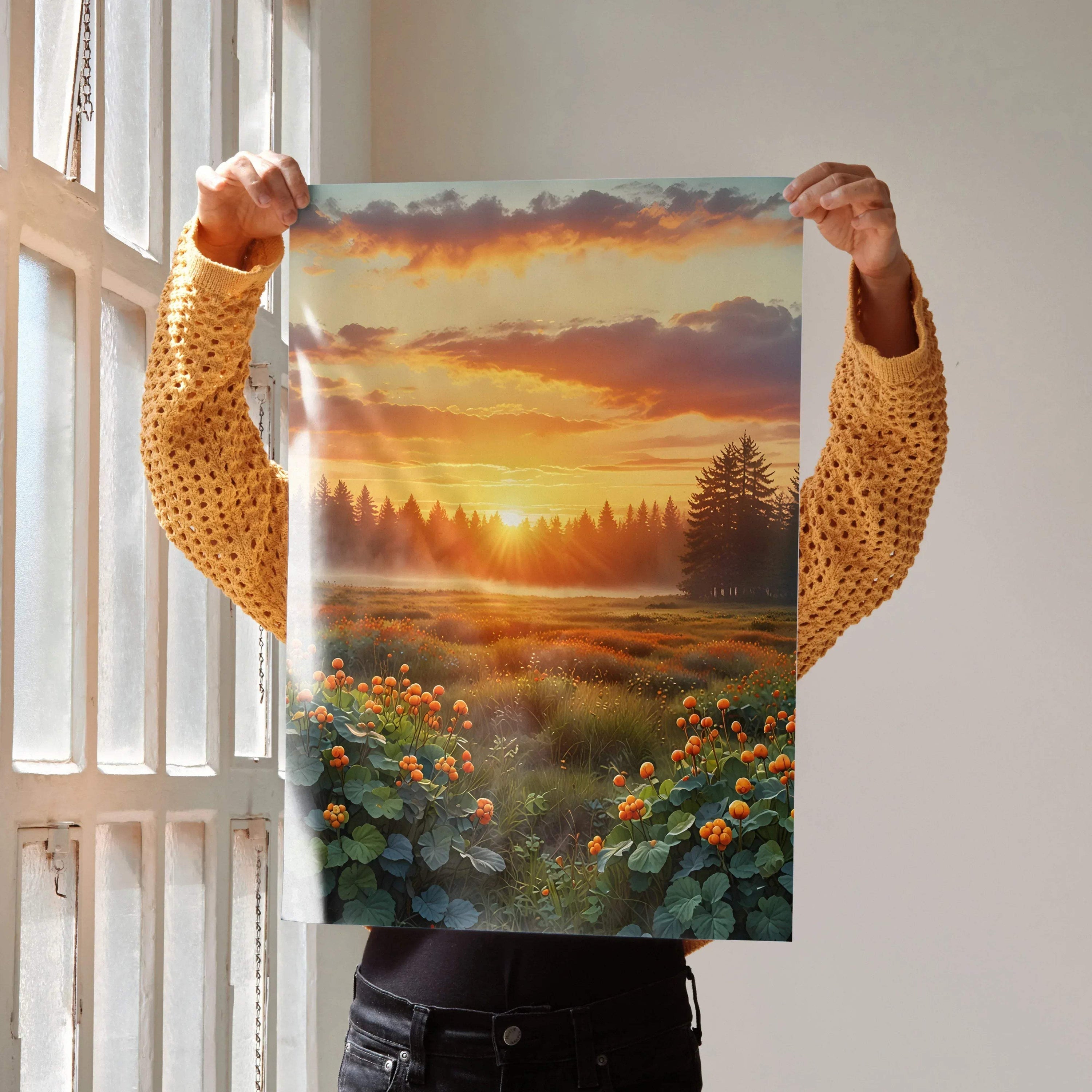 Vertical nature sunset digital art poster with vibrant flowers and forest wall art.