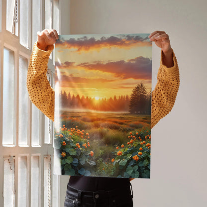 Vertical nature sunset digital art poster with vibrant flowers and forest wall art.