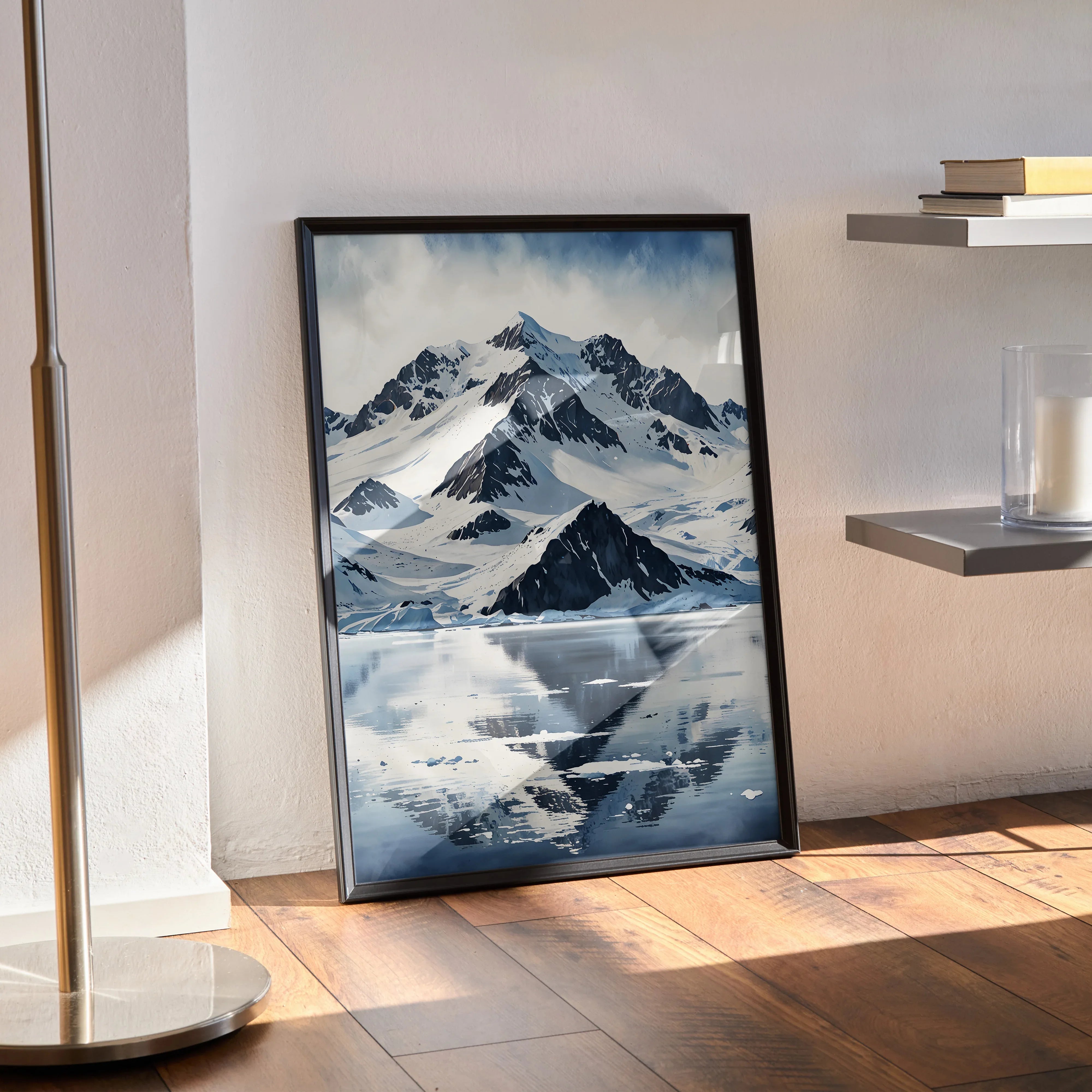 Vertical watercolor style snow mountains nature wall art poster with reflective lake and cloudy sky.