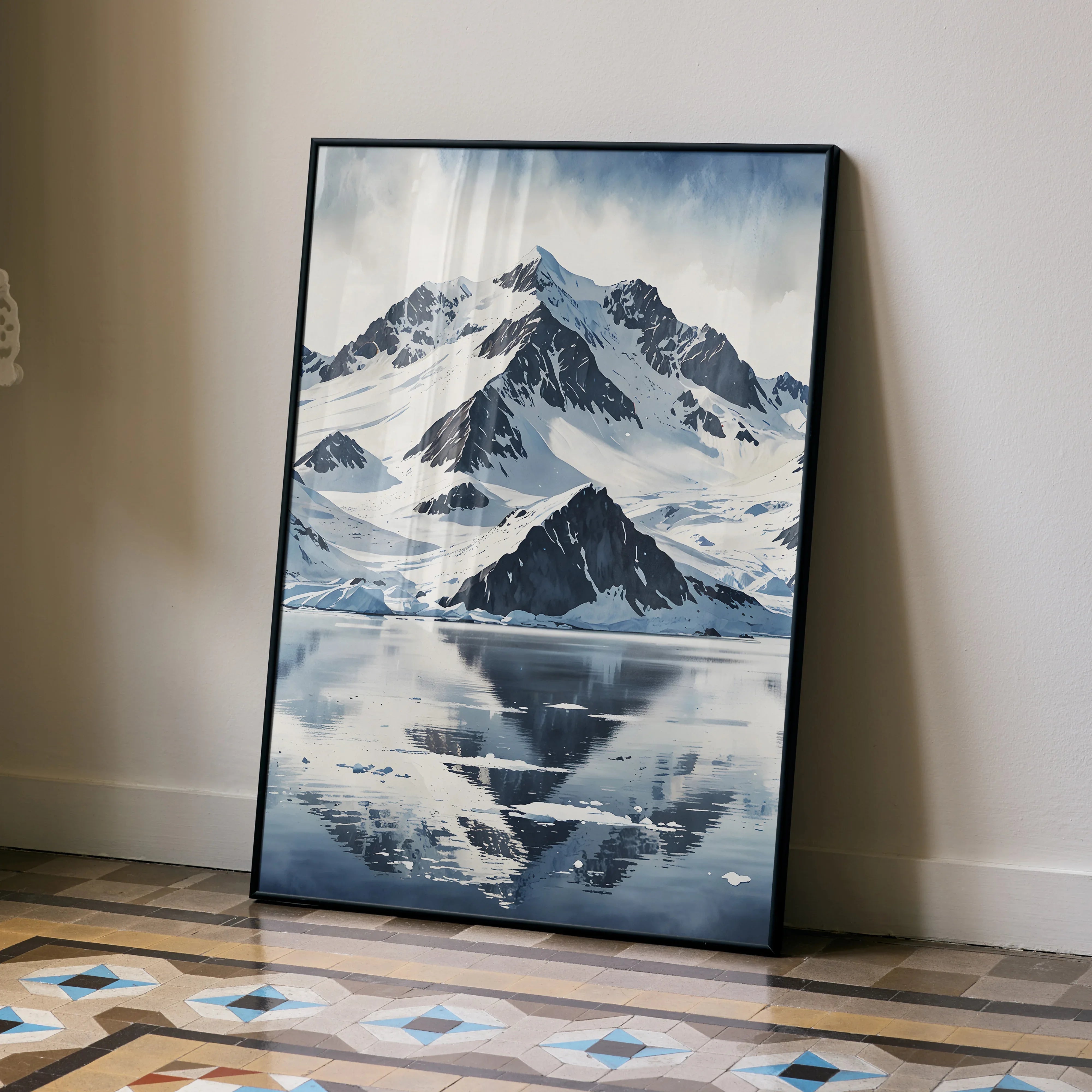 Vertical watercolor style poster of snow-covered mountain peaks reflected in calm water, nature wall art.