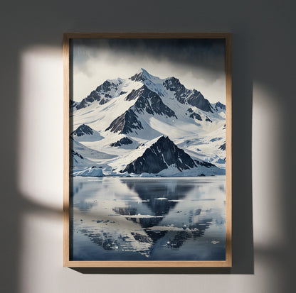 Watercolor style snow-covered mountain nature wall art poster with reflective lake and dark wooden frame.