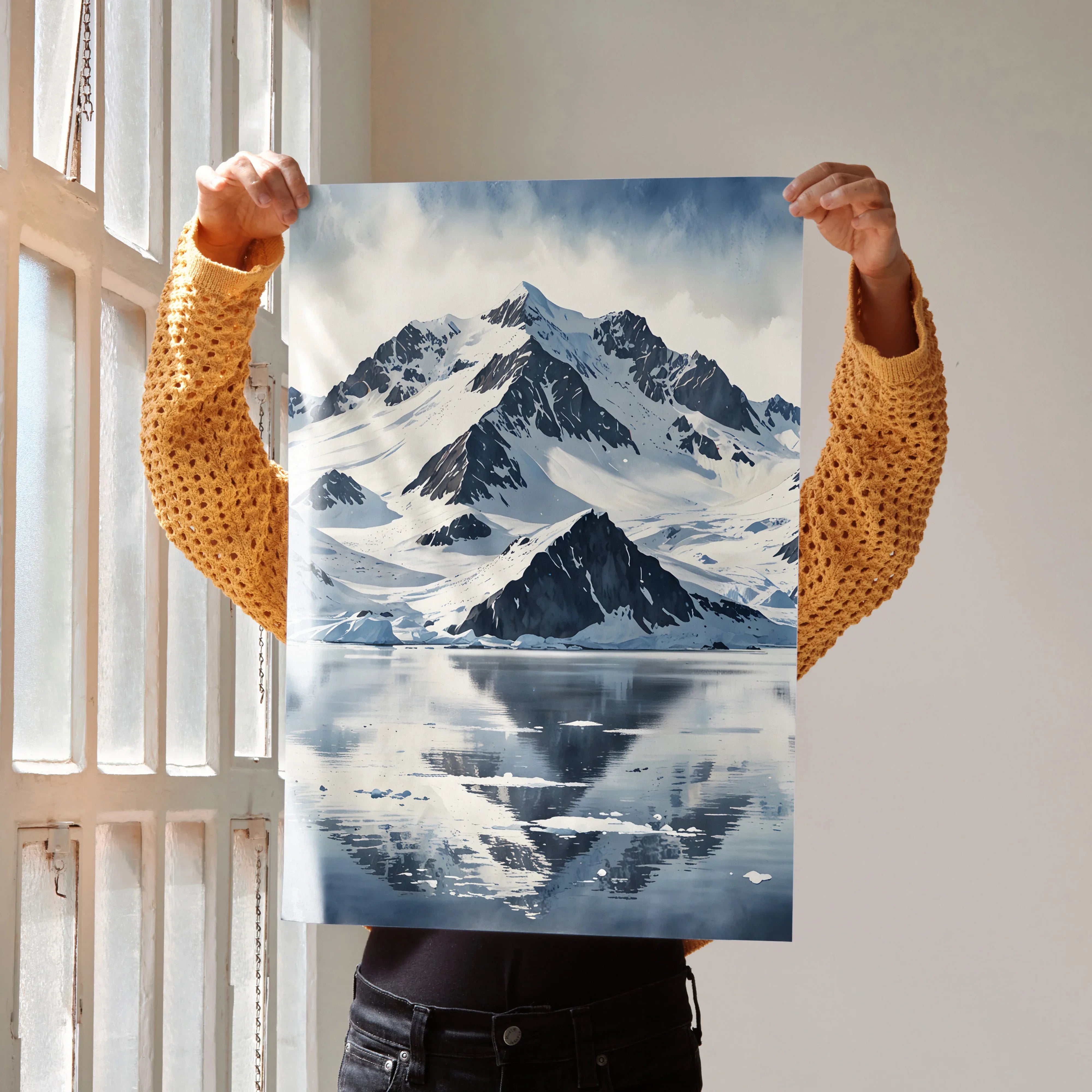 Vertical watercolor poster of snow-covered mountains reflecting on a calm lake wall art.