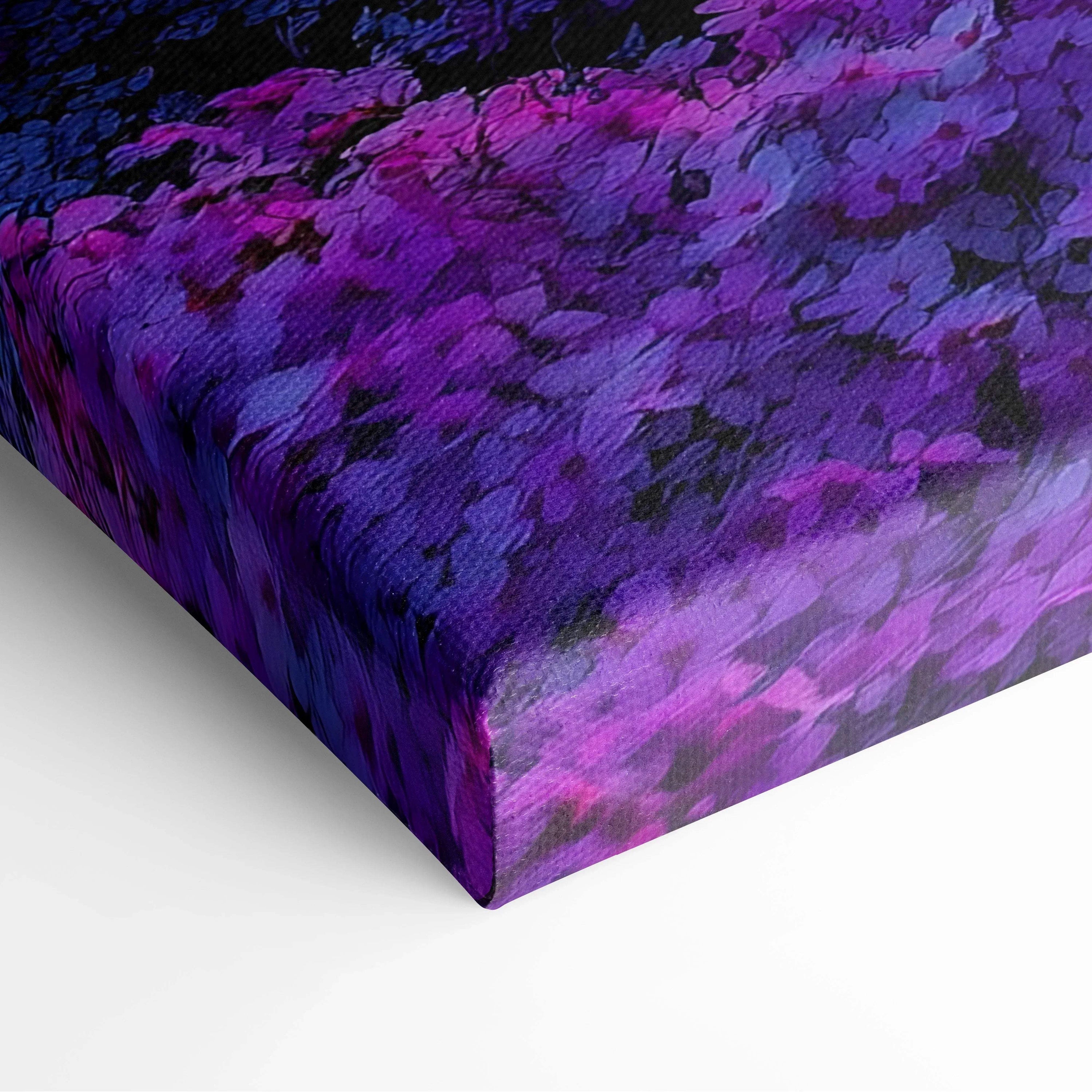 Purple and pink floral sunset digital art on textured canvas wall art corner detail.