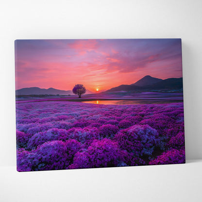 Canvas wall art featuring vibrant purple floral field at sunset with silhouetted mountains and lone tree.
