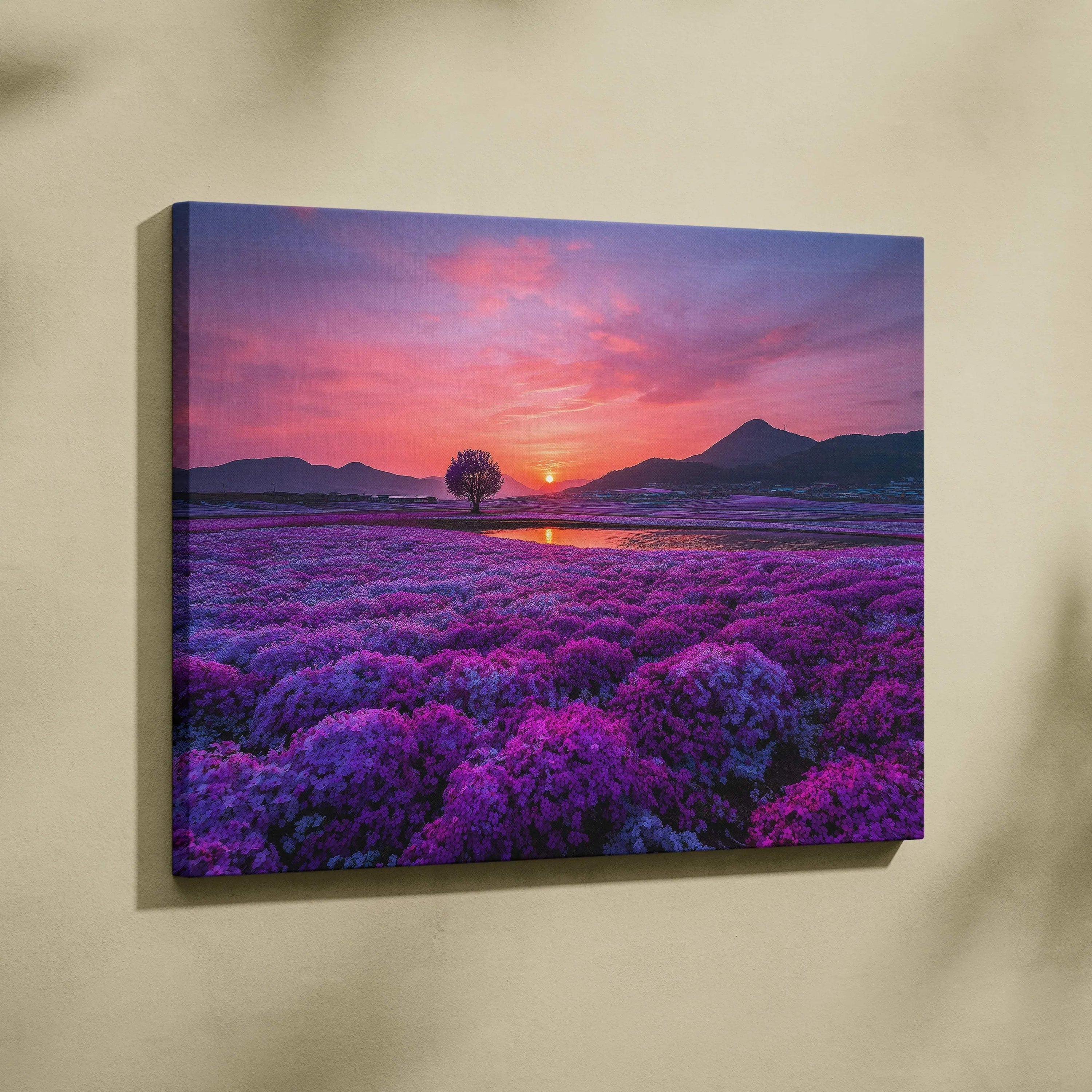 Canvas wall art featuring a vibrant purple floral field under a colorful sunset sky with distant mountains.