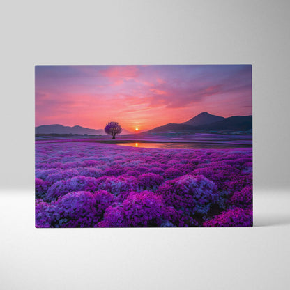 Sunset over lavender field with a solitary tree, vibrant purple floral canvas wall art.