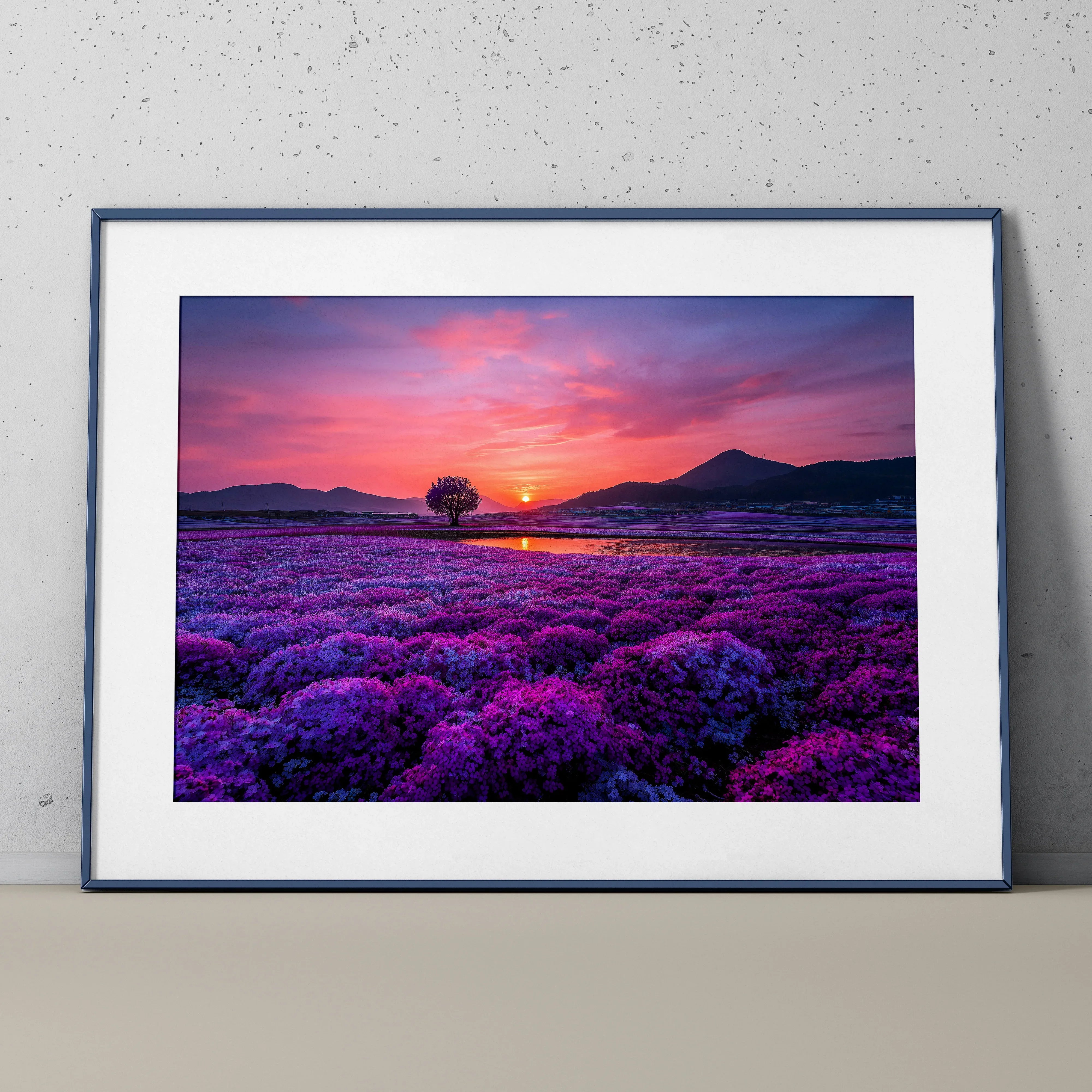 Floral sunset nature poster with vibrant purple flowers and silhouetted tree wall art.