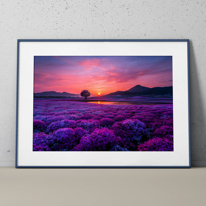 Floral sunset nature poster with vibrant purple flowers and silhouetted tree wall art.