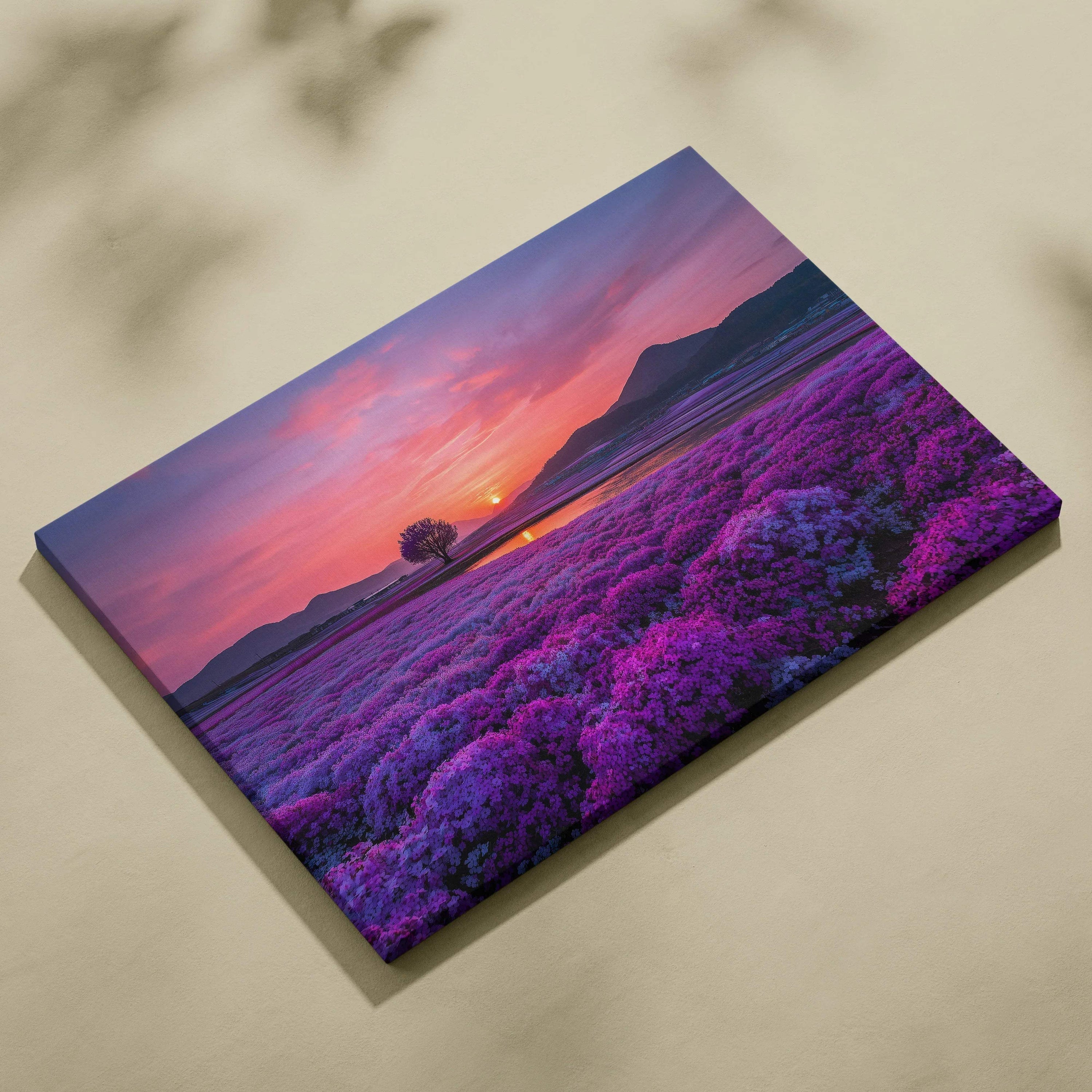 Sunset floral landscape canvas wall art with vibrant purple flowers and glowing orange sky.