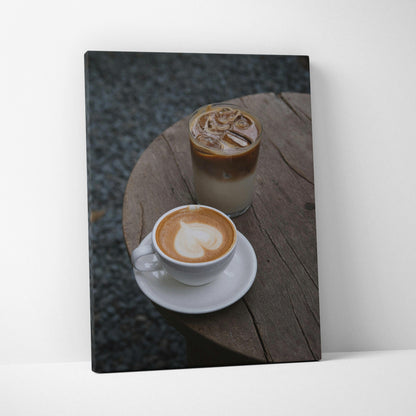 Coffee latte art and iced coffee on rustic wooden table canvas wall art print.