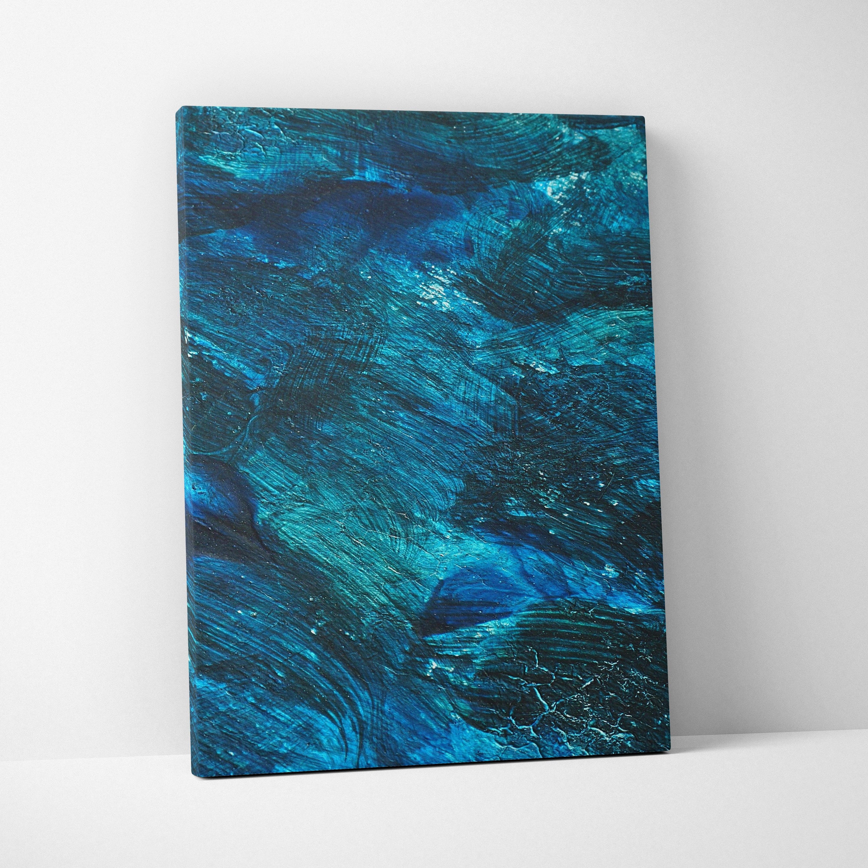 Blue and teal abstract nature-inspired canvas wall art with textured digital patterns.