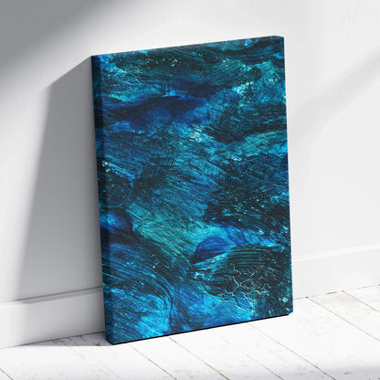 Abstract nature-inspired canvas wall art with deep blue and teal textured brushstrokes.