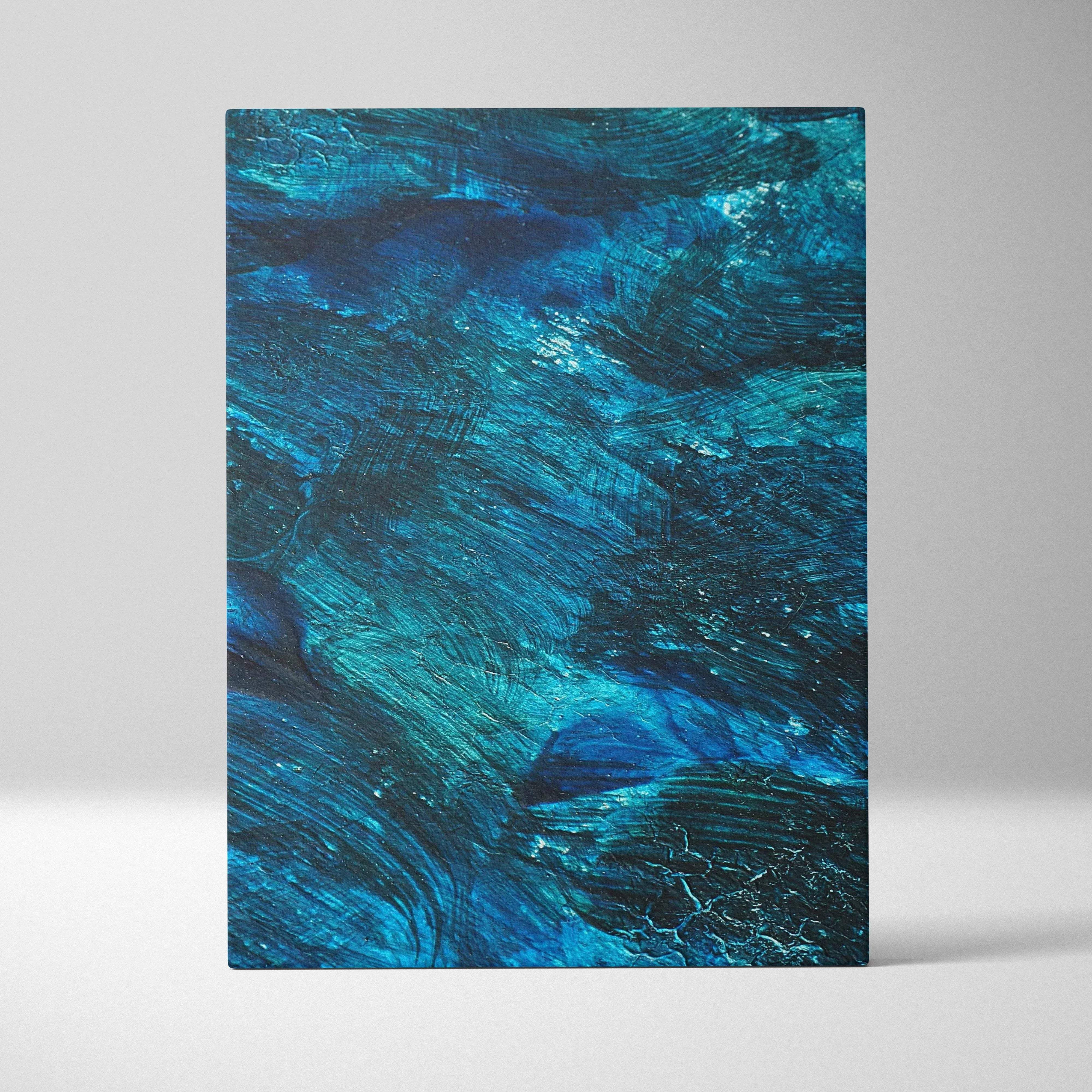 Rectangular canvas wall art with abstract deep blue and teal swirling brushstrokes for a calm serene mood