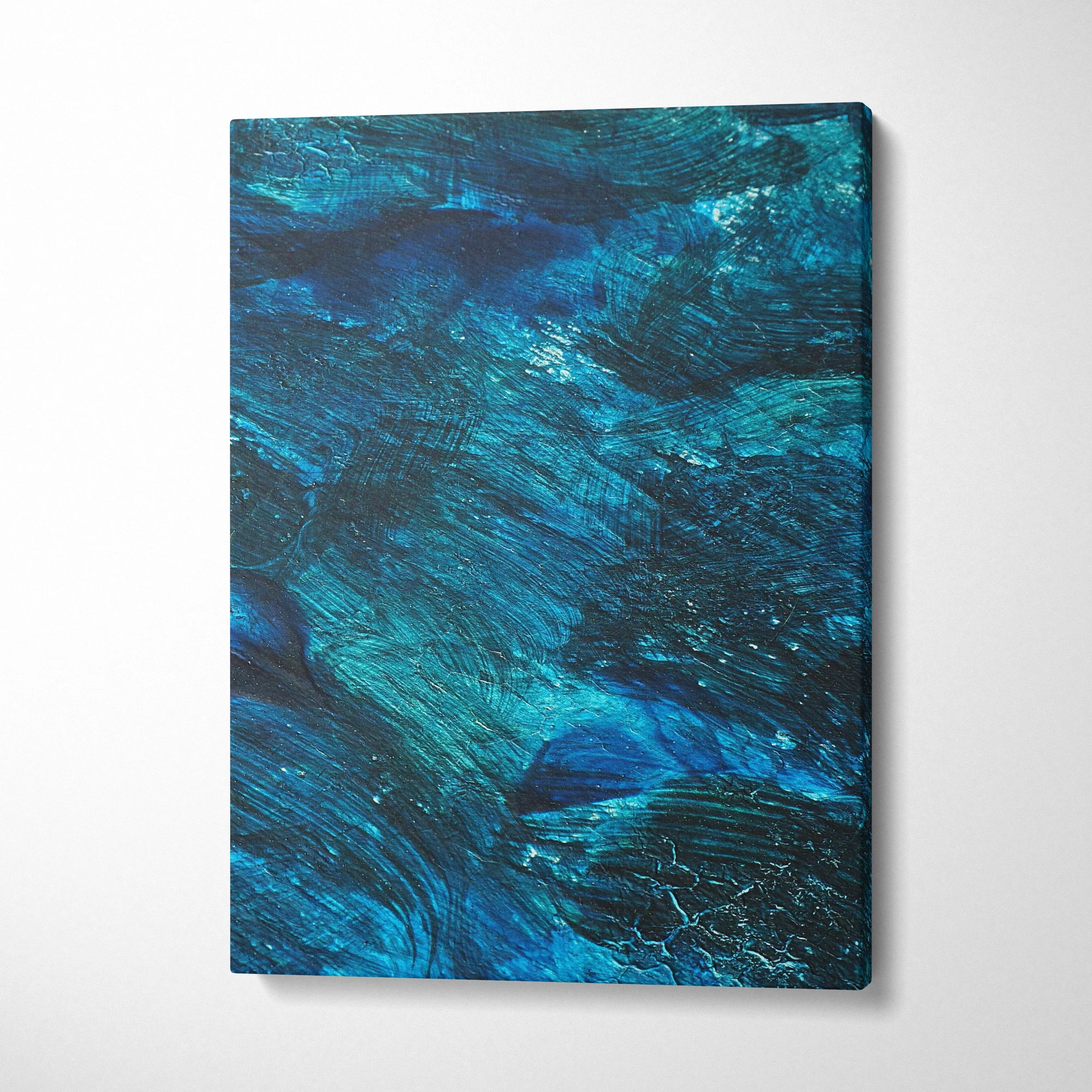 Blue and green abstract nature inspired digital canvas wall art with textured brushstrokes.