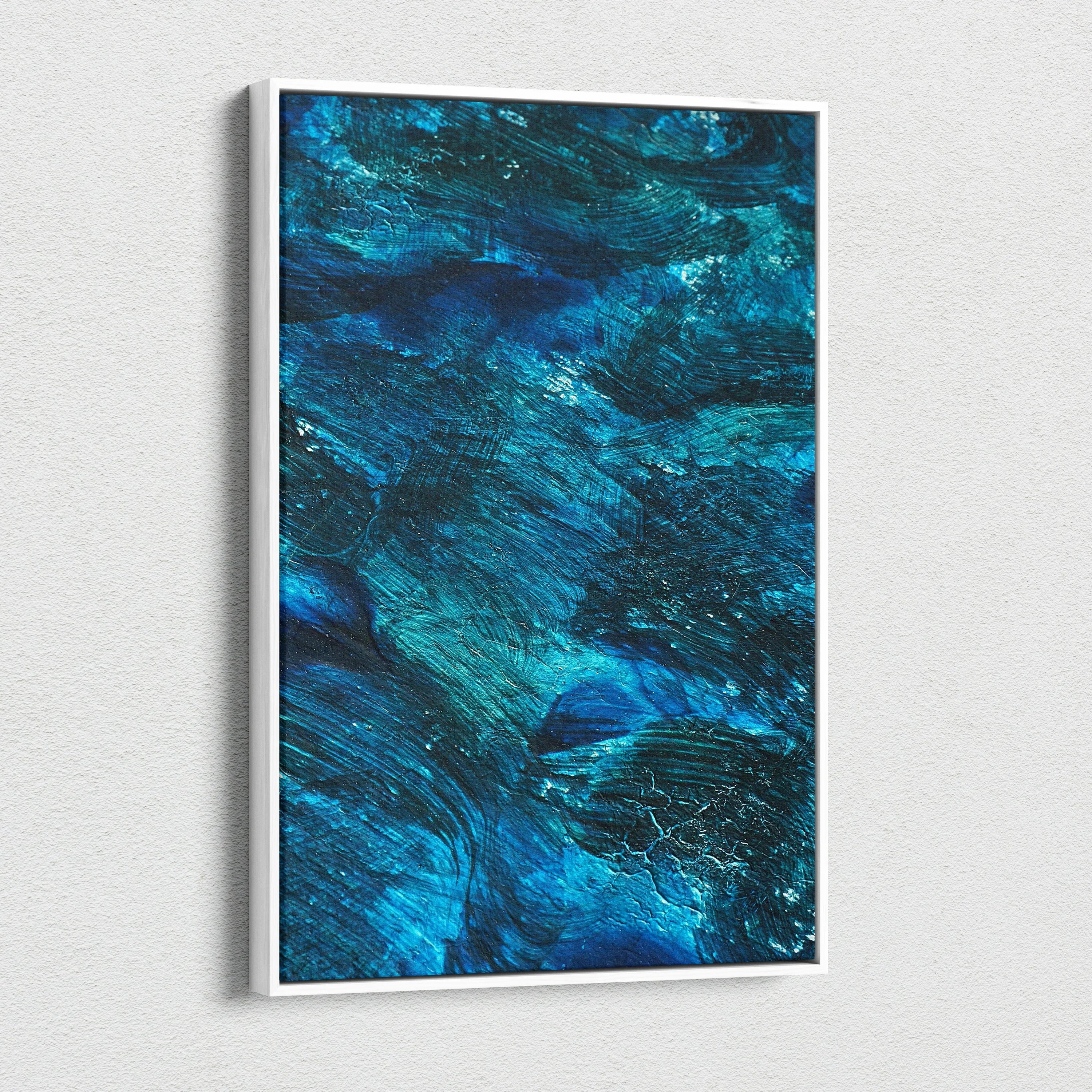 Vertical abstract nature-inspired canvas wall art in deep blue and teal tones with textured brushstrokes.